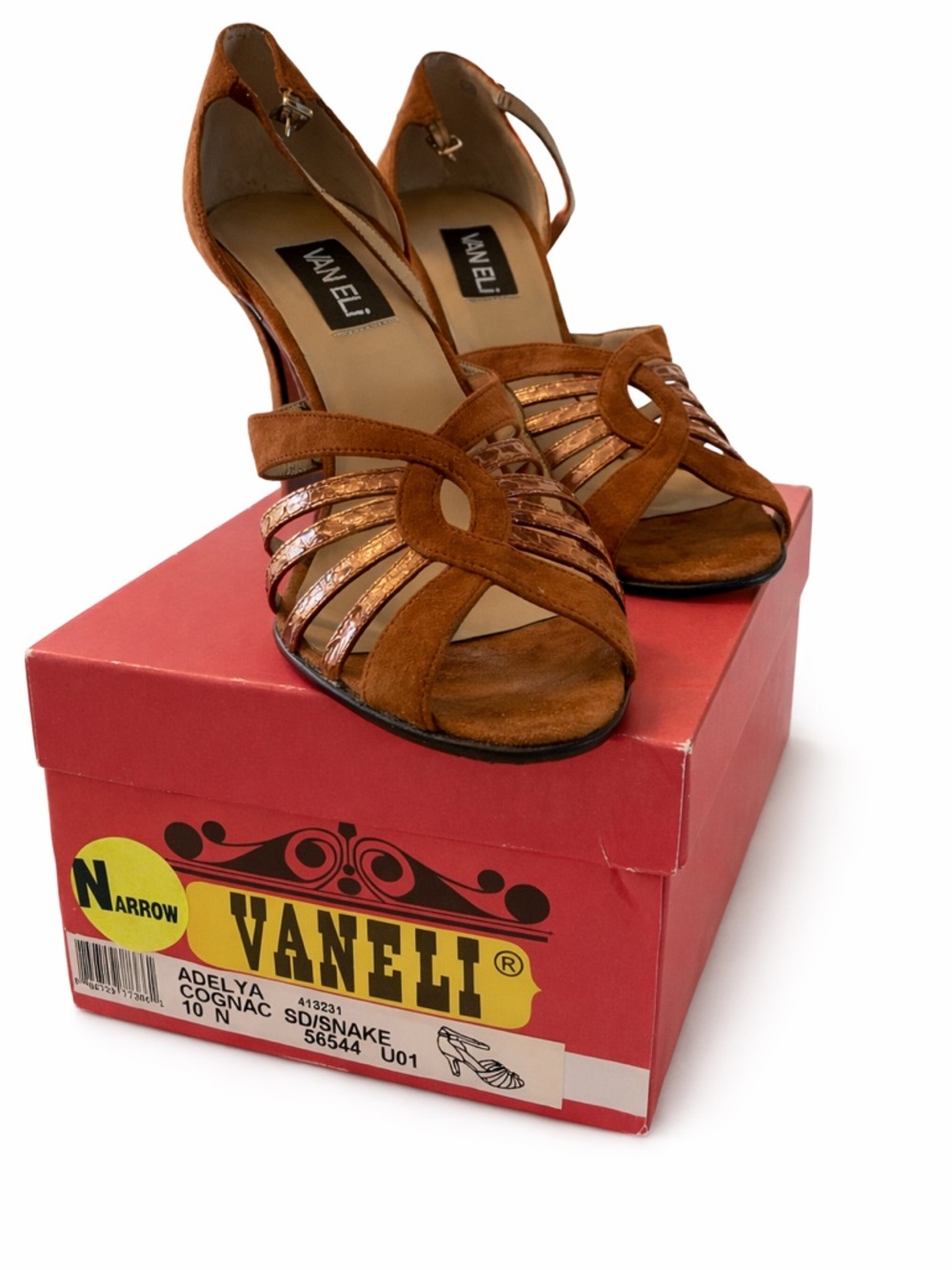 VANELI Cognac Suede Cutout Strappy Heels with Metallic Accents
